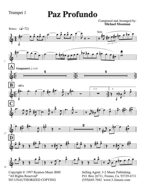 Paz Profundo Latin jazz printed sheet music www.3-2music.com composer and arranger Michael Mossman big band 4-4-5 instrumentation