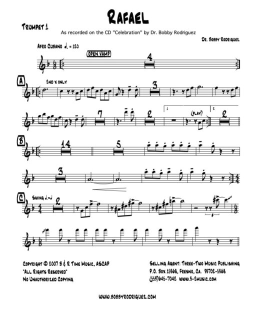 Rafael Latin jazz printed sheet music www.3-2music.com composer and arranger Bobby Rodriguez big band 4-4-5 instrumentation