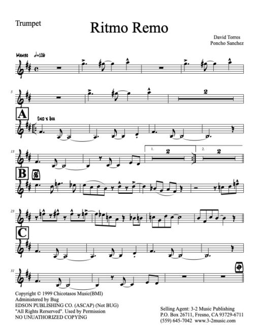Ritmo Remo Latin jazz printed sheet music www.3-2music.com composer and arranger David Torres combo (septet) instrumentation