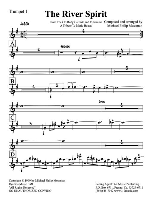 River Spirit Latin jazz printed sheet music www.3-2music.com composer and arranger Michael Mossman big band 4-4-5 instrumentation