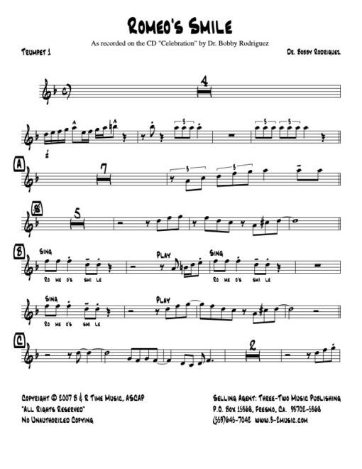 Romeo's Smile Latin jazz printed sheet music www.3-2music.com composer and arranger Dr. Bobby Rodriguez big band 4-4-5 instrumentation