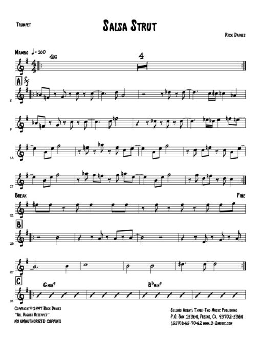 Salsa Strut Latin jazz printed sheet music www.3-2music.com compose and arranger Rick Davies combo (septet) instrumentation