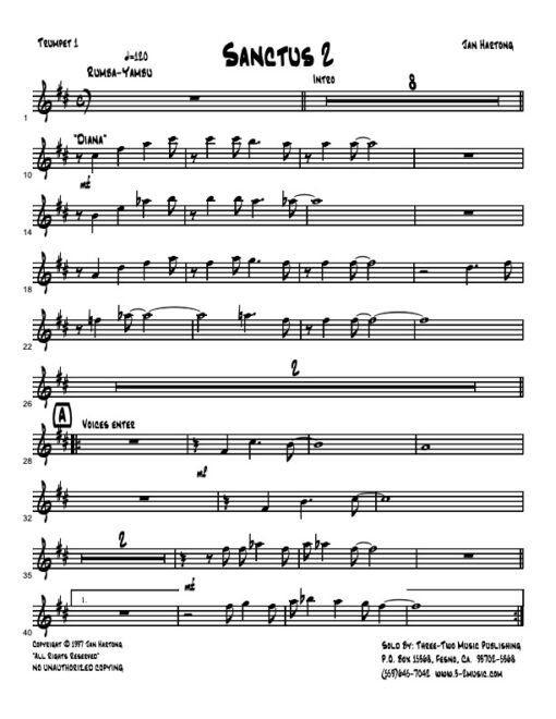 Sanctus 2 Latin jazz printed sheet music www.3-2music.com composer and arranger Jan Hartong combo (septet) instrumentation