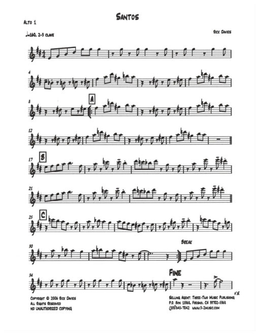 Santos (Download) Latin jazz printed sheet music www.3-2music.com composer and arranger Rick Davies big band 4-4-5 instrumentation
