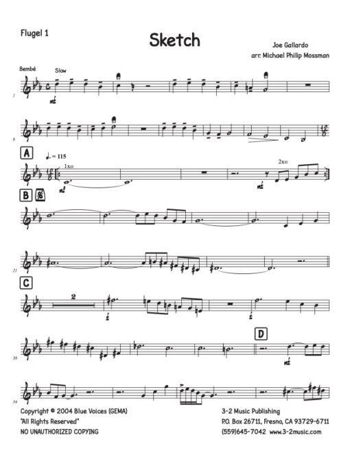Sketch Latin jazz printed sheet music www.3-2music.com composer and arranger Joe Gallardo big band 4-4-5 instrumentation 6/8 rhythm