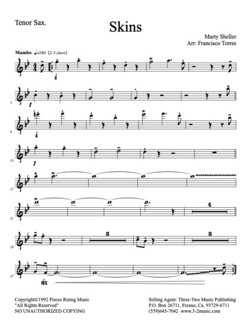 Skins Latin jazz printed sheet music www.3-2music.com composer and arranger Marty Sheller combo (septet) instrumentation mambo rhythm