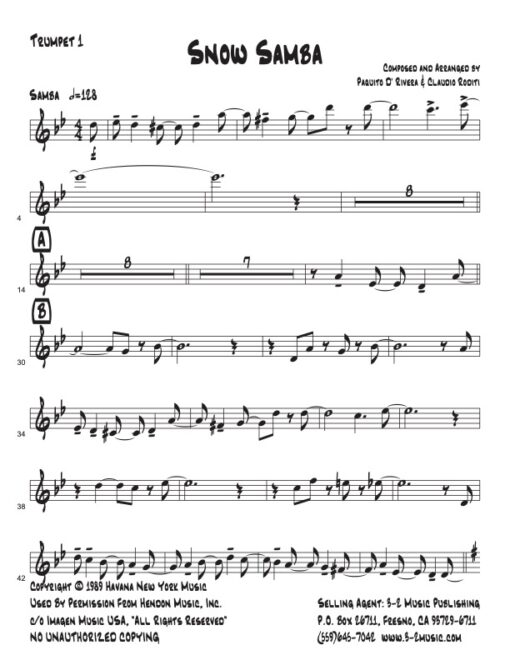 Snow Samba V.1 Latin jazz printed sheet music www.3-2music.com composer and arranger Paquito D'Rivera big band 4-4-5 instrumentation