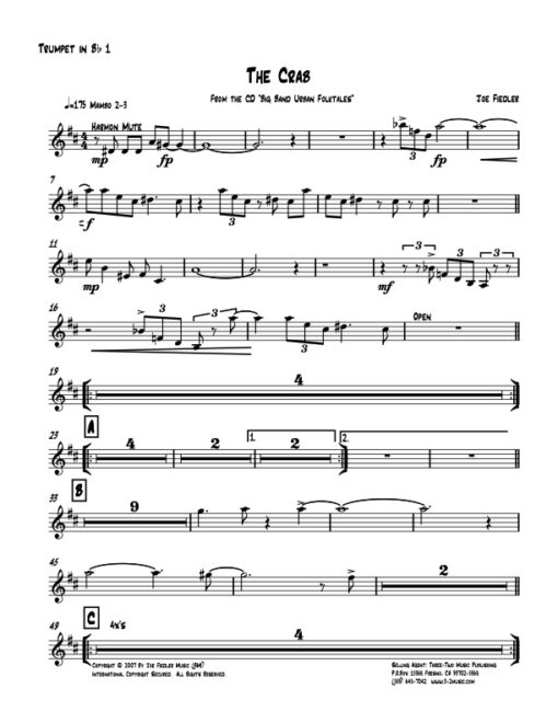 The Crab Latin jazz printed sheet music www.3-2music.com composer and arranger Joe Fiedler big band 4-4-5 instrumentation