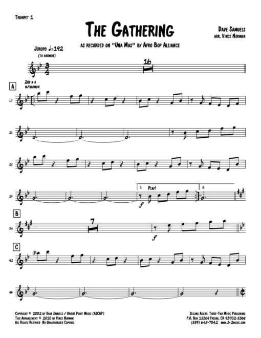 The Gathering Latin jazz printed sheet music www.3-2music.com composer and arranger Dave Samuels big band 4-4-5 instrumentation