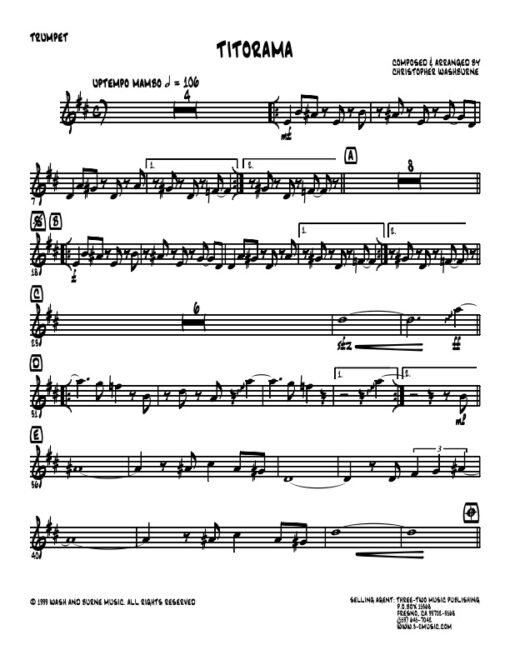 Titorama Latin jazz printed sheet music www.3-2music.com composer and arranger Chris Washburne combo (septet) instrumentation