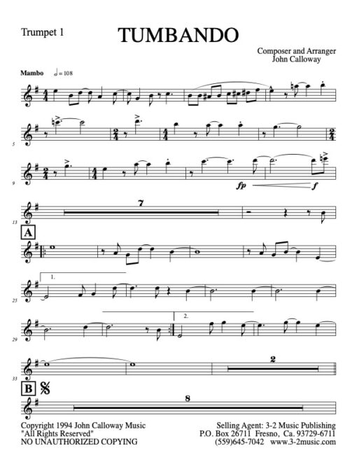 Tumbando Latin jazz printed sheet music www.3-2music.com composer and arranger John Calloway little big band 2-1-3 instrumentation