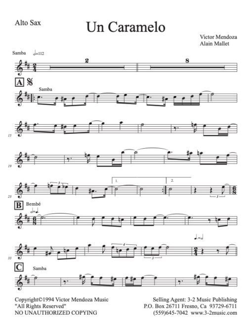 Un Caramelo Latin jazz printed sheet music www.3-2music.com composer and arranger Victor Mendoza combo (sextet) instrumentation