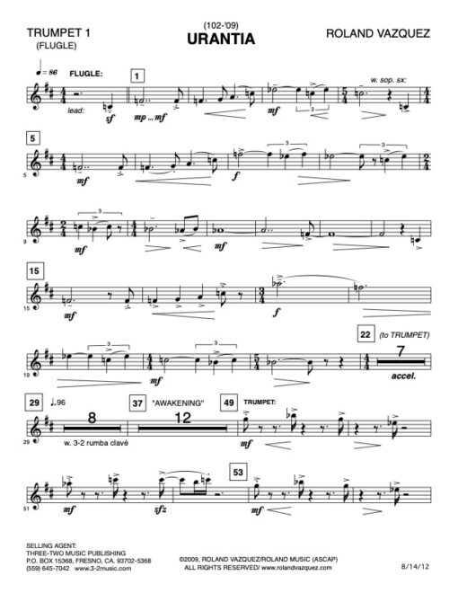 Urantia Latin jazz printed sheet music www.3-2music.com composer and arranger Roland Vazquez big band 4-4-5 instrumentation