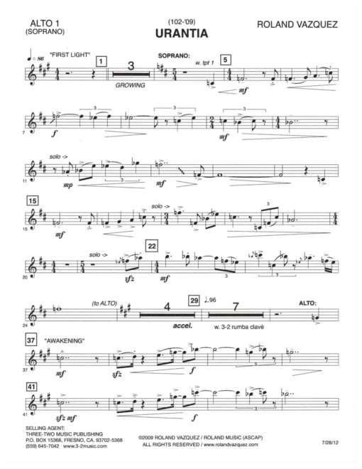 Urantia (Download) Latin jazz printed sheet music www.3-2music.com composer and arranger Roland Vazquez big band 4-4-5 instrumentation
