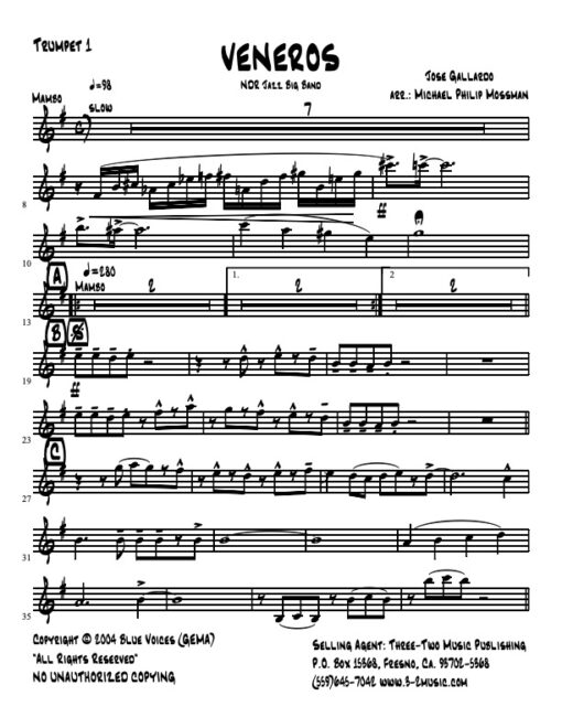 Veneros (Download) Latin jazz printed sheet music www.3-2music.com composer and arranger Joe Gallardo big band 4-4-5 instrumentation