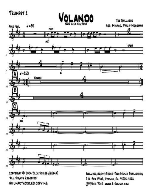 Volando Latin jazz printed sheet music www.3-2music.com composer and arranger Joe Gallardo big band 4-4-5 instrumentation