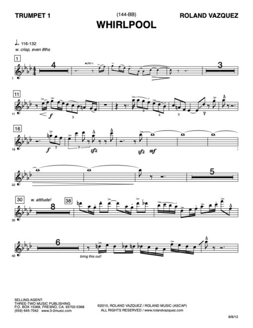 Whirlpool Latin jazz printed sheet music www.3-2music.com composer and arranger Roland Vazquez big band 4-4-5 instrumentation