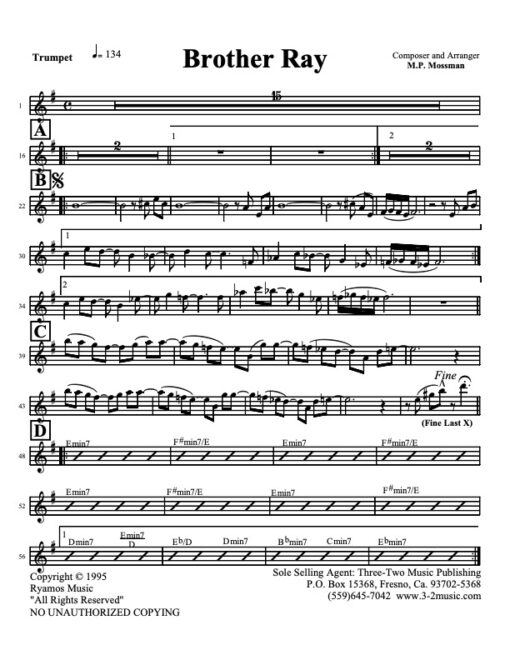 Brother Ray Latin jazz printed sheet music www.3-2music.com composer and arranger Michael Mossman combo (sextet) instrumentation
