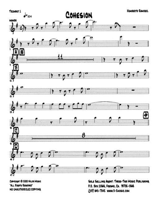 Cohesion (Download) Latin jazz printed sheet music www.3-2music.com composer and arranger Humberto Ramirez big band 4-4-5 instrumentation