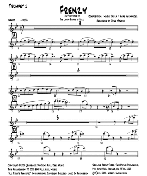 Frenzy (Download) Latin jazz sheet printed music www.3-2music.com composer and arranger Mario Bauzá big band 4-4-5 instrumentation