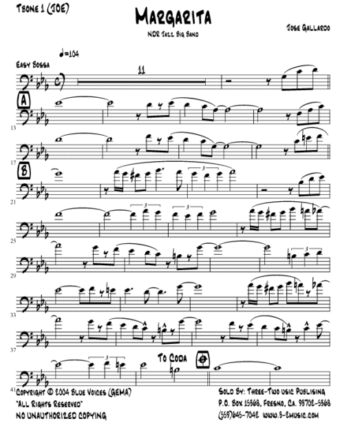 Margarita (Download) Latin jazz printed sheet music www.3-2music.com composer and arranger Joe Gallardo big band 4-4-5 instrumentation