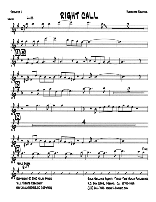 Right Call (Download) Latin jazz printed sheet music www.3-2music.com composer and arranger Humberto Ramirez big band 4-4-5 instrumentation
