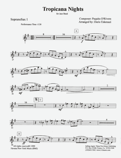Tropicana Nights (Download) Latin jazz printed sheet music www.3-2music.com composer and arranger Paquito D'Rivera big band 4-4-5