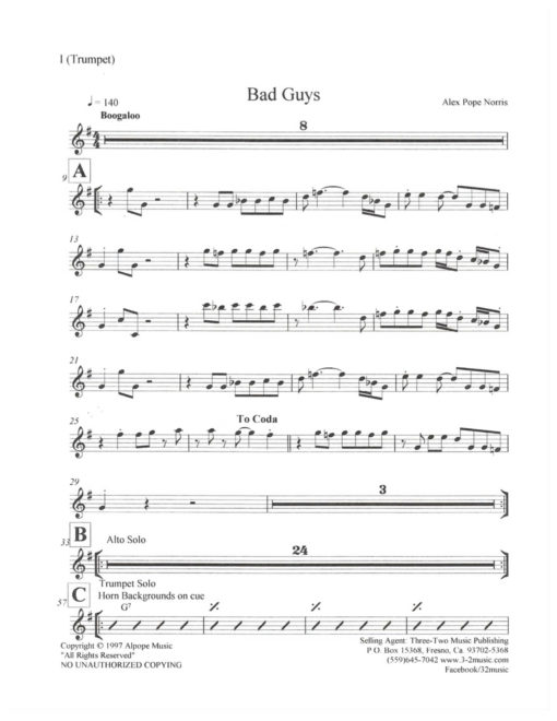 Bad Guys (Download) Latin jazz printed music www.3-2music.com composer and arranger Alex Pope Norris combo (septet) instrumentation