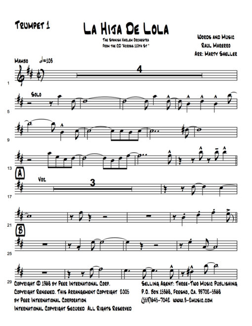 La Hija De Lola (Download) Difficulty: medium Solos: vocal-pregón, trombone 2 DOWNLOAD ONLY Ranges: trumpet- B above staff, bone 1- high concert A Instrumentation: trumpet 1-2, trombones 1-2, bari, rhythm Featured Instrument: vocal Note: pregon, bass, and piano parts are transcribed in detail More Charts From The Spanish Harlem Orchestra Subscribe To Our YouTube Channel
