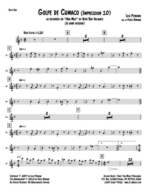 Golpe De Cumaco (Download) Latin jazz printed sheet music www.3-2music.com composer Luis Perdomo little big band instrumentation