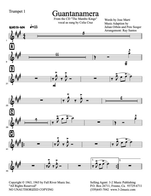 Guantanamera Latin jazz printed sheet music www.3-2music.com composer and arranger Pete Seeger big band 4-4-5 instrumentation