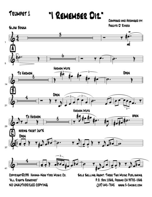 I Remember Diz V.1 Latin jazz printed sheet music www.3-2music.com composer and arranger Paquito D’Rivera big band 4-4-5 instrumentation