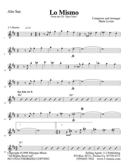Lo Mismo Latin jazz printed sheet music www.3-2music.com composer and arranger Mark Levine combo (sextet) instrumentation