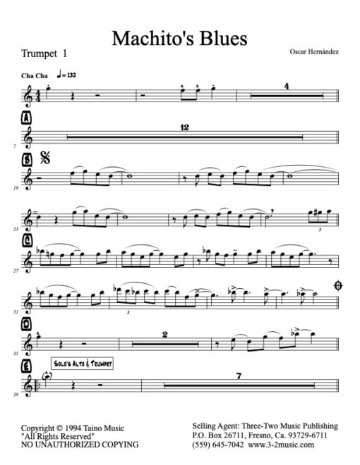 Machito's Blues Latin jazz printed sheet music www.3-2music.com composer and arranger Oscar Hernández big band 4-4-5 instrumentation