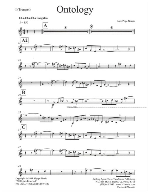 Ontology (Download) Latin jazz printed sheet music www.3-2music.com composer and arranger Alex Pope Norris combo (septet) instrumentation