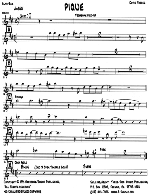 Pique (Download) Latin Jazz printed sheet music www.3-2music.com composer and arranger David Torres combo (septet) instrumentation