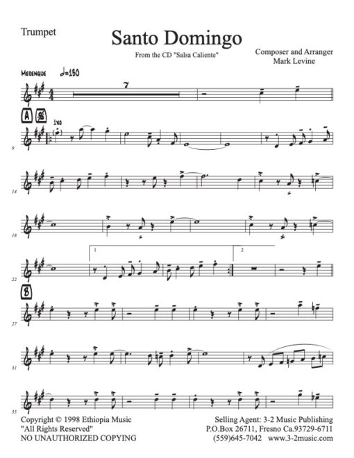 Santo Domingo Latin jazz printed sheet music www.3-2music.com composer and arranger Bobby Rodriguez combo (septet) instrumentation