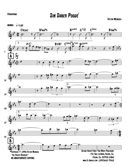 Sin Saber Porque (Download) Latin jazz printed sheet music www.3-2music.com composer and arranger Victor Mendoza combo (septet) instrumentation