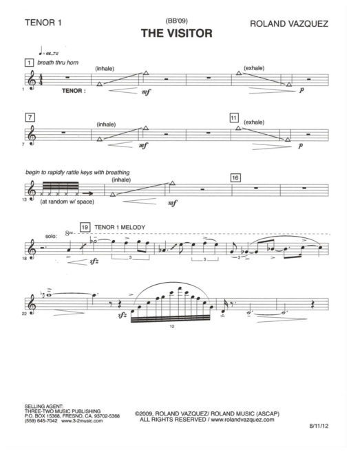 The Visitor (Download) Latin jazz printed sheet music www.3-2music.com composer and arranger Roland Vazquez big band 4-4-5 instrumentation