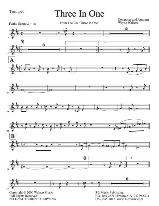 Three In One Latin Jazz printed sheet music www.3-2music.com composer Wayne Wallace septet (combo) instrumentation CD Three In One