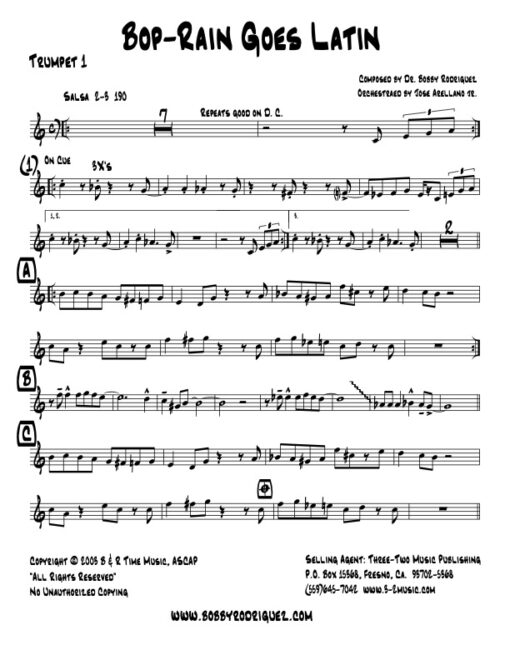 Bop-Rain Goes Latin jazz printed sheet music www.3-2music.com composer and arranger Dr. Bobby Rodriguez big band 4-4-5 instrumentation