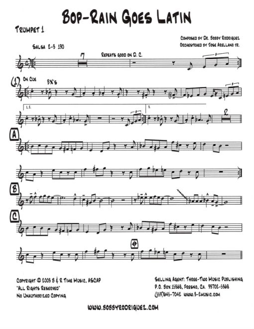 Bop-Rain Goes Latin (Download) Latin jazz printed sheet music www.3-2music.com composer and arranger Bobby Rodriguez big band 4-4-5 instrumentation