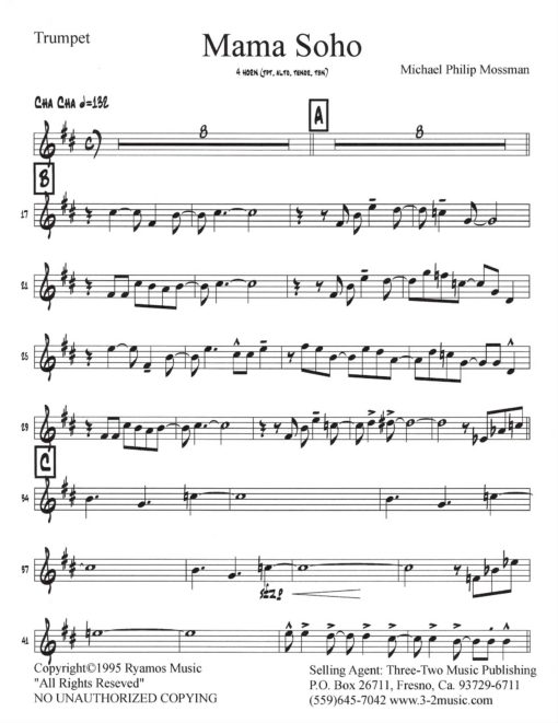 Mama Soho trumpet part (Download) Latin jazz combo printed sheet music www.3-2music.com composer and arranger Michael Mossman combo 4 horns guitar rhythm