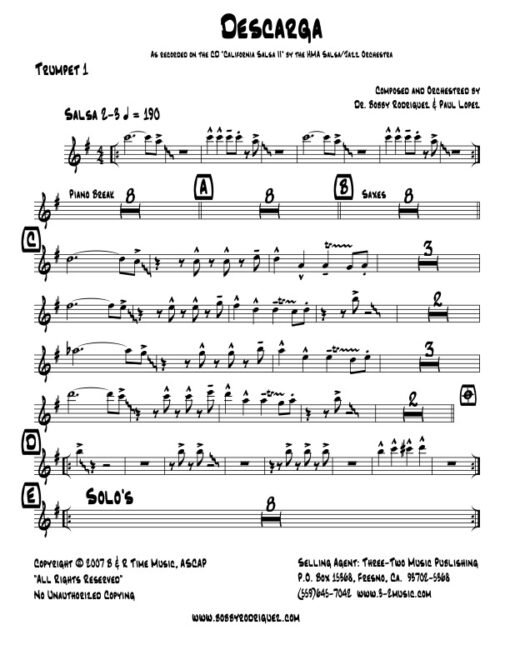Descarga Latin jazz printed sheet music www.3-2music.com composer and arranger Bobby Rodriguez big band 4-4-5 instrumentation