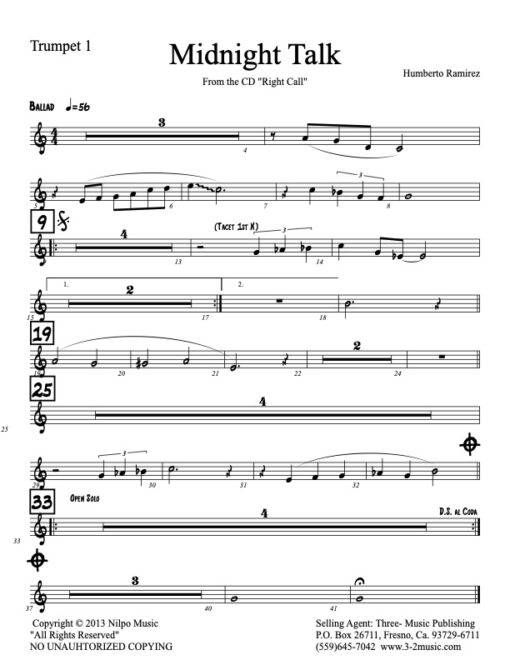 Midnight Talk Latin jazz printed sheet music www.3-2music.com composer and arranger Humberto Ramirez big band 4-4-5 instrumentation