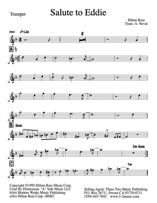 Salute To Eddie (Download) Latin jazz printed sheet music www.3-2music.com composer and arranger Hilton Ruiz combo instrumentation