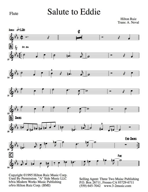 Salute To Eddie tenor (Download) Latin jazz printed sheet music www.3-2music.com composer and arranger Hilton Ruiz combo instrumentation