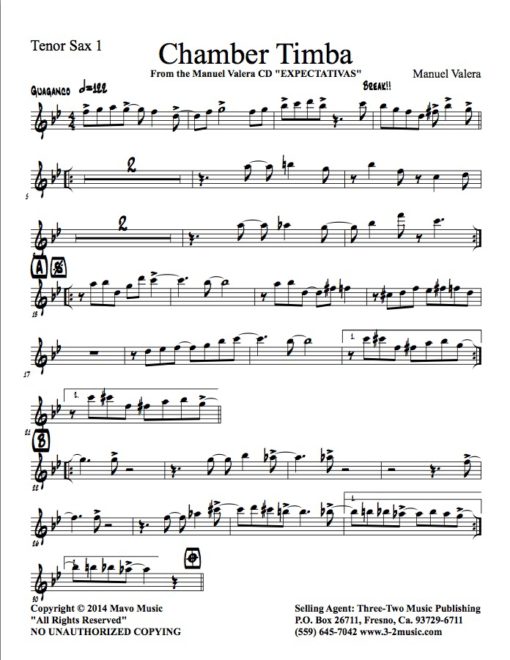 Chamber Timba (Download) Latin jazz printed sheet music www.3-2music.com composer and arranger Manual Valera combo (sextet) instrumentation