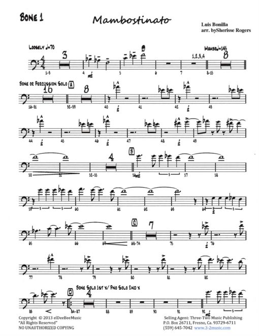 Mambostinato (Download) Latin jazz printed sheet music www.3-2music.com composer and arranger Luis Bonilla big band 4-4-5 instrumentation
