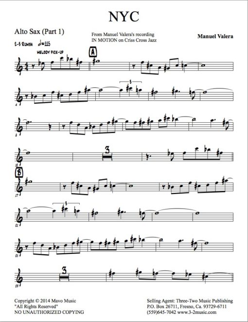 NYC (Download) Latin jazz printed sheet music www.3-2music.com composer and arranger Manuel Valera combo (sextet) Instrumentation